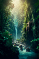 Wall Mural - beautiful waterfall in tropical rainforest generative ai