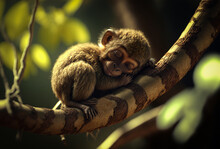 Baby Monkey.Baby Monkey Sleeping On Tree Branch.Close Up.Created With Generative Ai