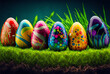 Pâques, Easter Eggs, oeufs colorés alignés sur l'herbe (AI)