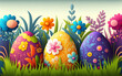 Pâques, Easter Eggs, oeufs colorés alignés sur l'herbe (AI)