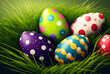 Pâques, Easter Eggs, oeufs colorés posés dans l'herbe (AI)