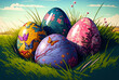 Pâques, Easter Eggs, oeufs colorés posés dans l'herbe (AI)