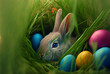 Pâques, Easter Eggs, petit lapin mignon, oeufs colorés, nature (AI)