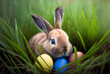Pâques, Easter Eggs, petit lapin mignon, oeufs colorés, nature (AI)