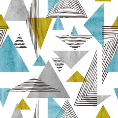 Seamless abstract trendy pattern with triangles. Geometric background with watercolor shapes