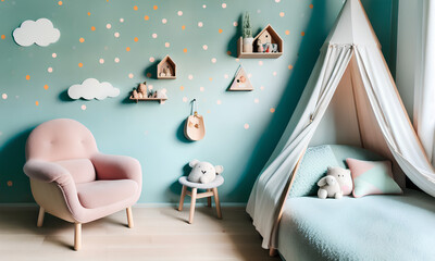 Wall Mural - Tent bed in kids room with blue turquoise wall and pink armchair. Wall decoration. Template. Generative AI