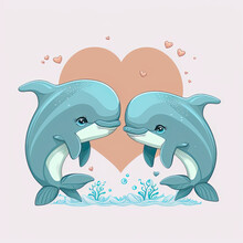 Dolphins Kissing. Cute Cartoon With Two Animals In Love Romantic Illustration. Template For Valentine Day. Blue Colors. Generative AI
