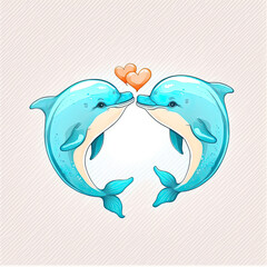 Dolphins kissing. Cute cartoon with two animals in love romantic illustration. Template for Valentine day. Blue colors. Generative AI