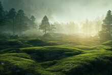 Panorama Of A Forest With A Glade Covered By Moss In The Light Of The Morning Sun. Generative AI