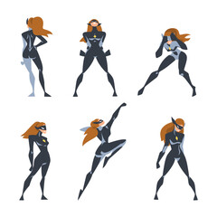Woman Superhero Character Dressed Black and Blue Costume and Mask in Action Vector Set