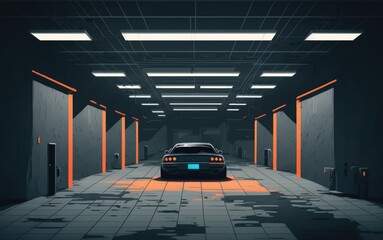 Poster - Modern Simple Realistic Underground Light Glows On Cement Concrete Background illustration Dark Room Hangar Parking Car Showroom Tiled. Generative AI