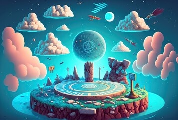 illustration cartoon, floating island, fantasy, generative AI