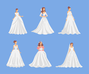 Poster - Bride in White Wedding Dress Standing as Newlywed or Just Married Female on Blue Background Vector Set