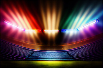 Wall Mural - Huge empty stadium, illuminated by spotlights, perfect for backgrounds, generative AI