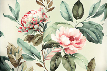 Soft pastel floral pattern with peonies in pink and green with a vintage oriental feel, generative AI