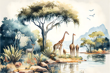 Watercolor painting style, high quality digital art, landscape on an African tropical jungle with trees next to a river with giraffes, elephants and birds, in coordinating colors