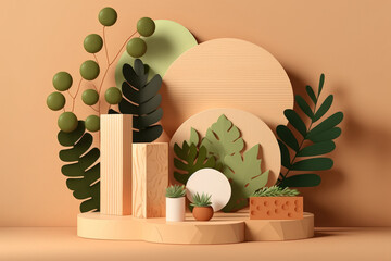 Poster - minimal presentation of contemporary goods against a beige background. podium made of wood slices and greenery. Showcase for new products, sales promotions, banners, presentations, and cosmetics