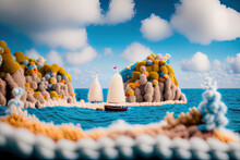 Seascape Illustration With Boats Made Of Woo. Generative AI