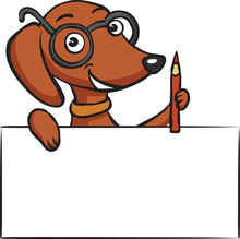 Cartoon Dachshund Dog With Pencil And Blank Placard - PNG Image With Transparent Background