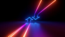 3d Render, Abstract Minimalist Geometric Background. Two Counter Neon Arrows Shifting, Linear Graphics. Shuffle Concept