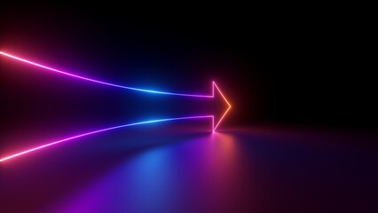 3d render, abstract minimalist geometric background. Glowing neon arrow points right, linear direction symbol