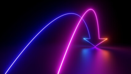 3d render, abstract minimalist geometric background. Colorful neon arrow, linear sign. Export metaphor