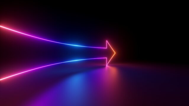 Wall Mural -  - 3d render, abstract minimalist geometric background. Glowing neon arrow points right, linear direction symbol