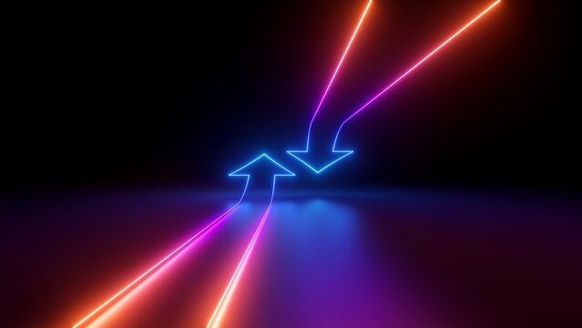 Wall Mural -  - 3d render, abstract minimalist geometric background. Two counter neon arrows shifting, linear graphics. Shuffle concept