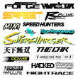 Cyberpunk decals set. Set of vector stickers and labels in futuristic style. Inscriptions and symbols, Japanese hieroglyphs for matchless, keyless entry.