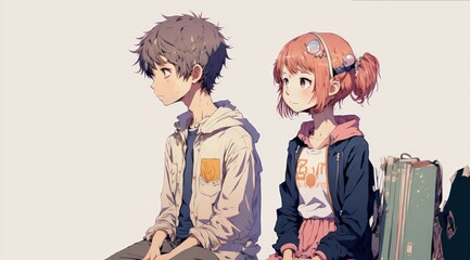 Sticker - Illustration of an anime girl and boy sitting close to one another. Generative AI