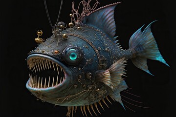 Mechanical fish in Steampunk style. Created with Generative AI technology.