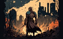 Image Of A Knight Holding Two Swords And Standing Over The Ruins Of A Burned Out City In A Digital Art Style. Generative AI
