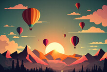 Hot Air Balloons In Various Colors Soar Above A Tall Mountain At Sunrise Against A Stunning Sky Background. Generative AI