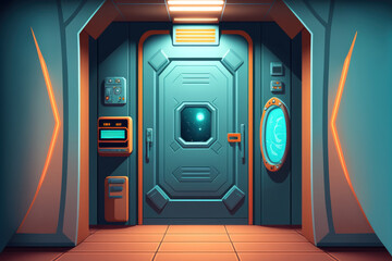 Poster - Interior sci fi futuristic door illustration design. Generative AI