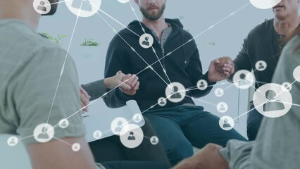 Poster - Animation of network of connections with icons over diverse people participating in group therapy