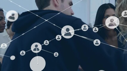 Poster - Animation of network of connections with icons over diverse people participating in group therapy