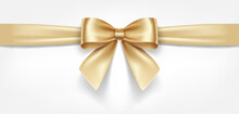 Satin Decorative Golden Bow With Horizontal Yellow Ribbon Isolated On White Background. Vector Gold Bow And Gold Ribbon