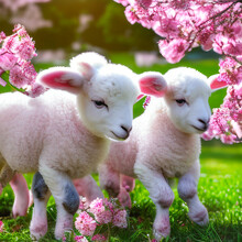 Baby Lambs Walk Among Pink Flowers And Green Grass.  Spring Background. Made With Generative AI.