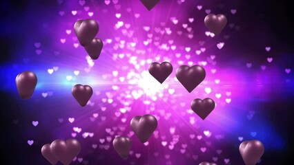 Poster - Animation of purple hearts over light spots on black background