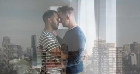 Canvas Print - Animation of cityscape over diverse male couple embracing