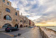 The Old City Of Jaffa, Israel, With Medieval Stone Buildings Along The Mediterranean Sea As The Sun Sets At The Ancient Port City.	