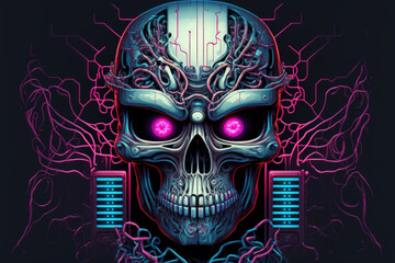 Canvas Print - Illustration of a science fiction cyberpunk skull faced, three eyed cyborg connected to a computer core, called Triclops Artificial Intelligence. Generative AI