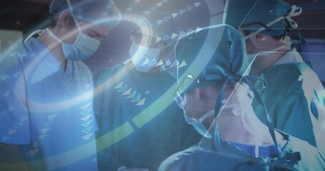 Wall Mural - Animation of surgeons and scientific data processing over blue background