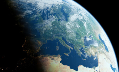 planet earth from outer space (satelite view from the orbit), zoom in to the europe - 3d render