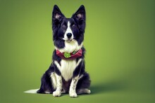 Happy Dog Is Holding A Gift. Funny Border Collie On A Green Background. Generative AI
