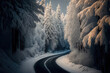 A picturesque winter road winding through a forest of snow-covered trees, generative ai