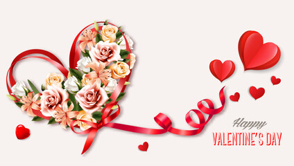 Poster - Happy Valentine's Day getting card  with Colorful Flowers collected in the shape of a heart and a red ribbon. Vector.