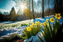 Melting Snow And Sun Shining At Park With Daffodils Blooming, Generative Ai