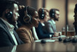 Business meeting between several colleagues of various nationalities, they use headphones for translation Ai generated.