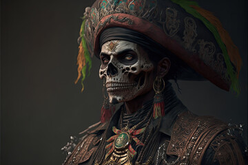 Canvas Print - illustration of a pirate dressed for Mexican Day of the Dead.